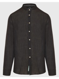 funky buddha garment dyed λινό πουκάμισο με λαιμό mao fbm009-003-05-black black