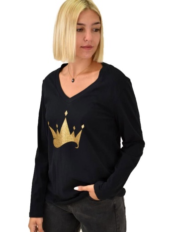 μακρυμάνικη βαμβακερή μπλούζα με τύπωμα κορώνα μαύρο 18172
