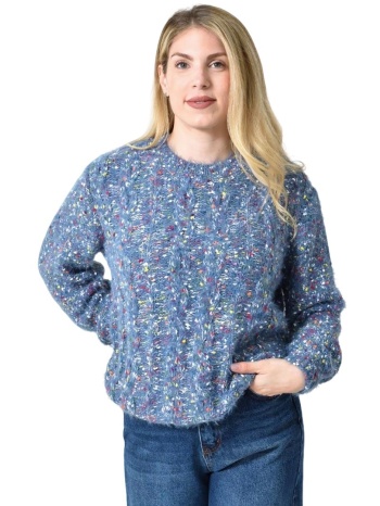 πλεκτή αφράτη πουλόβερ με πολύχρωμες νηματιές μπλε σκούρο