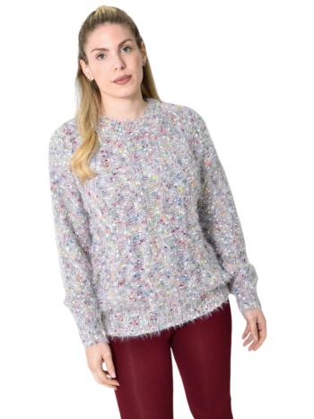 πλεκτή αφράτη πουλόβερ με πολύχρωμες νηματιές γκρι 27174