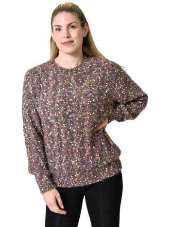 πλεκτή αφράτη πουλόβερ με πολύχρωμες νηματιές καφέ 27175