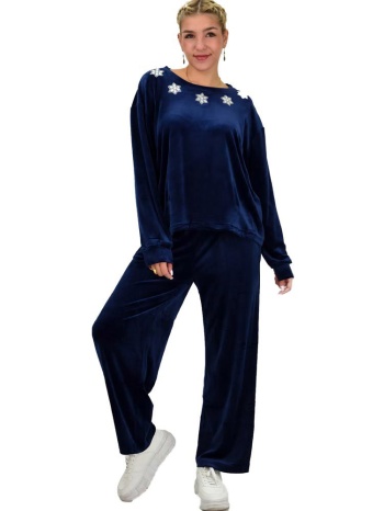 γυναικείο σετ βελουτέ oversized με στρας μπλε σκούρο 22040