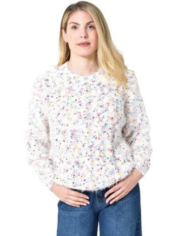 πλεκτή αφράτη πουλόβερ με πολύχρωμες νηματιές λευκό 27169