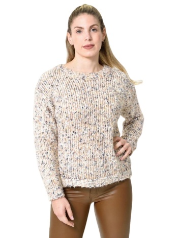 πλεκτή αφράτη πουλόβερ με πολύχρωμες νηματιές εκρού 27193