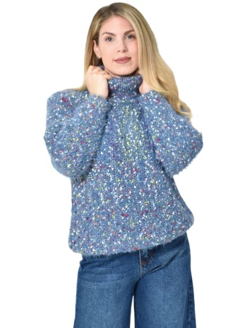 πλεκτή αφράτη πουλόβερ με ζιβάγκο με πολύχρωμες νηματιές