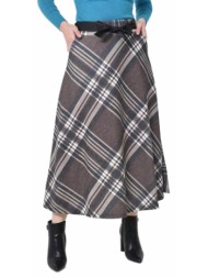 ψηλόμεση maxi καρό φούστα με λάστιχο, τσέπες & ζώνη καφέ 27226