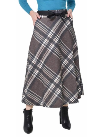 ψηλόμεση maxi καρό φούστα με λάστιχο, τσέπες & ζώνη καφέ