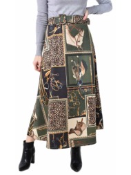 ψηλόμεση maxi φούστα εβαζέ με ασορτί ζώνη χακί 27254