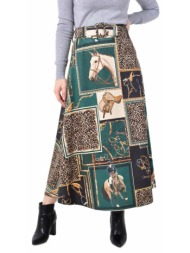 ψηλόμεση maxi φούστα εβαζέ με ασορτί ζώνη λαδί 27255