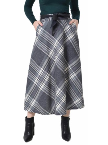 ψηλόμεση maxi καρό φούστα με τσέπες & ζώνη γκρι 27217