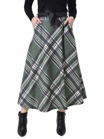 ψηλόμεση maxi καρό φούστα με τσέπες & ζώνη χακί 27220