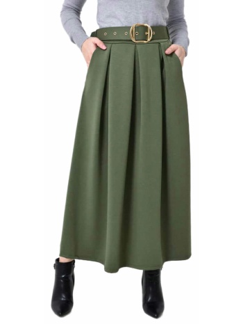 ψηλόμεση maxi φούστα με πιέτες & ζώνη χακί 27275