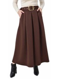 ψηλόμεση maxi φούστα με πιέτες & ζώνη καφέ 27282