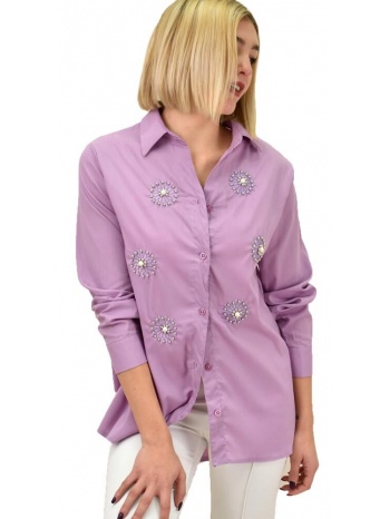γυναικείο πουκάμισο με κεντητό σχέδιο λιλά 18811