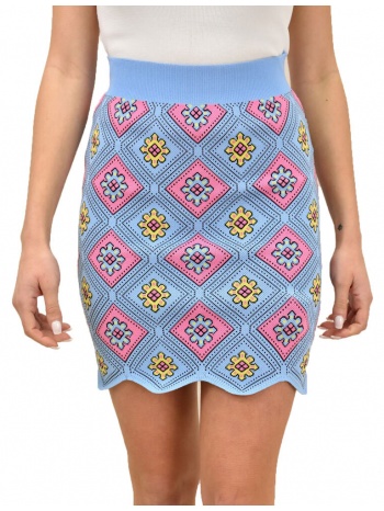 γυναικεία πλεκτή φούστα με λουλούδια γαλάζιο 18984