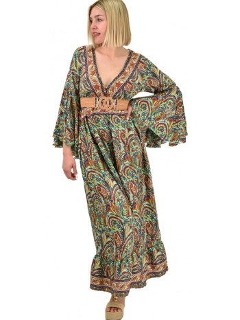 γυναικείο μεταξωτό boho φόρεμα με τσέπες χωρίς ζώνη φυστικί