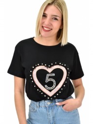 γυναικείο t-shirt με στρας και σχέδιο καρδιά μαύρο 19372