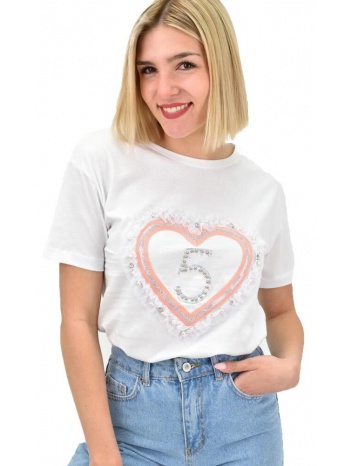 γυναικείο t-shirt με στρας και σχέδιο καρδιά λευκό 19373