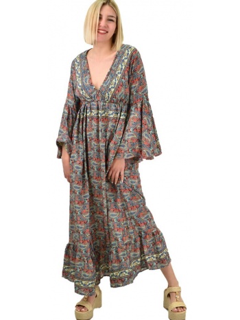 γυναικείο μεταξωτό boho φόρεμα με τσέπες χωρίς ζώνη κοραλί