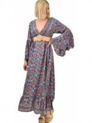 γυναικείο μεταξωτό boho φόρεμα με τσέπες χωρίς ζώνη μπλε 19423