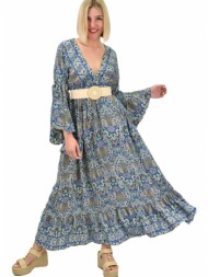 γυναικείο μεταξωτό boho φόρεμα με τσέπες χωρίς ζώνη μπλε 19428