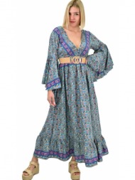 γυναικείο μεταξωτό boho φόρεμα με τσέπες χωρίς ζώνη μπλε 19429
