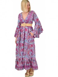 γυναικείο μεταξωτό boho φόρεμα με τσέπες χωρίς ζώνη γαλάζιο 19434