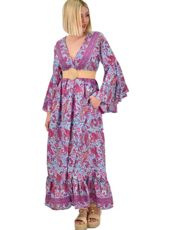 γυναικείο μεταξωτό boho φόρεμα με τσέπες χωρίς ζώνη γαλάζιο