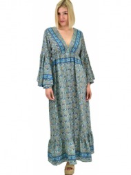 γυναικείο μεταξωτό boho φόρεμα με τσέπες χωρίς ζώνη μπλε 19688