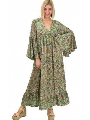 γυναικείο μεταξωτό boho φόρεμα με τσέπες χωρίς ζώνη πράσινο