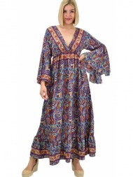 γυναικείο μεταξωτό boho φόρεμα με τσέπες χωρίς ζώνη μπλε 19693