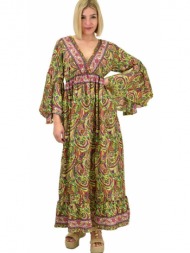 γυναικείο μεταξωτό boho φόρεμα με τσέπες χωρίς ζώνη λαχανί 19686