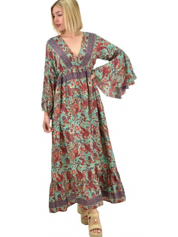 γυναικείο μεταξωτό boho φόρεμα με τσέπες χωρίς ζώνη βεραμάν