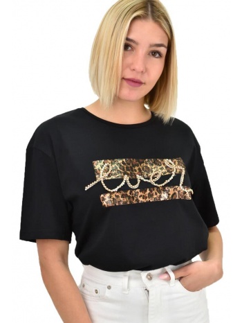 γυναικείο t-shirt με στρας και σχέδιο animal print μαύρο