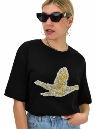 γυναικείο t-shirt με στρας σε διχρωμία μαύρο 20024