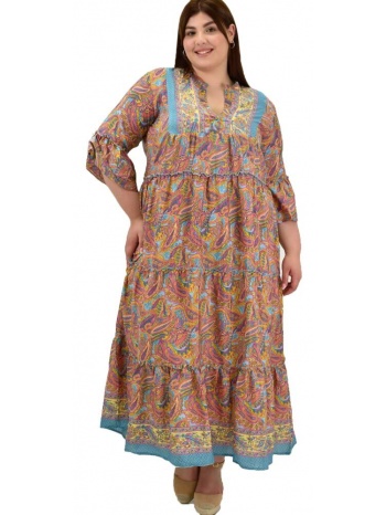 γυναικείο μεταξωτό boho φόρεμα με σχέδιο βολάν κίτρινο 20043