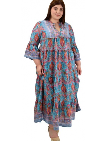 γυναικείο μεταξωτό boho φόρεμα με σχέδιο βολάν μπλε 20041