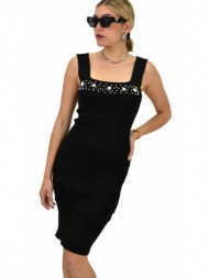 γυναικείο φόρεμα μονόχρωμο με τετράγωνη λαιμόκοψη και πέρλες μαύρο 20349