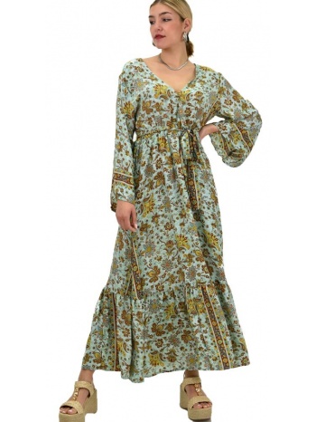 γυναικείο μεταξωτό boho φόρεμα με ζώνη σιέλ 20374