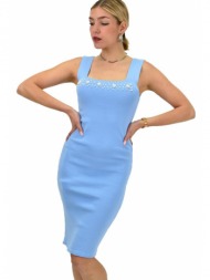 γυναικείο φόρεμα μονόχρωμο με τετράγωνη λαιμόκοψη και πέρλες γαλάζιο 20350