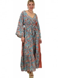 γυναικείο μεταξωτό boho φόρεμα με ζώνη γαλάζιο 20368