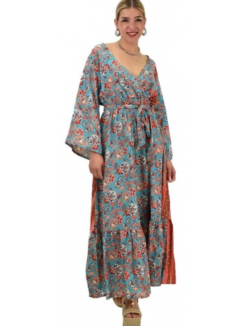 γυναικείο μεταξωτό boho φόρεμα με ζώνη γαλάζιο 20368