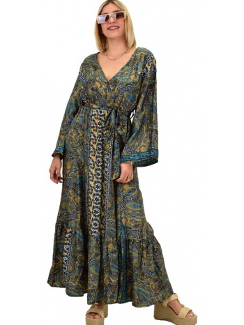 γυναικείο μεταξωτό boho φόρεμα με ζώνη μπεζ 20473