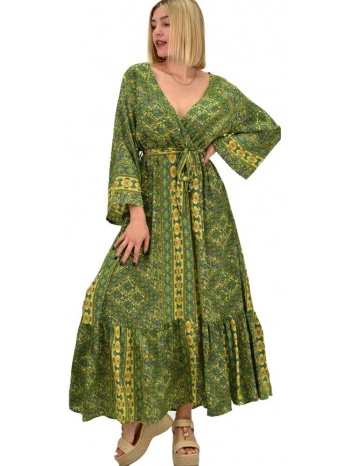 γυναικείο μεταξωτό boho φόρεμα με ζώνη πράσινο 20475