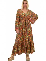γυναικείο μεταξωτό boho φόρεμα με ζώνη πορτοκαλί 20480