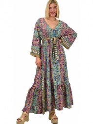 γυναικείο μεταξωτό boho φόρεμα με ζώνη ροζ 20488