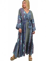 γυναικείο μεταξωτό boho φόρεμα με ζώνη μπλε 20494