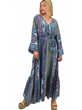 γυναικείο μεταξωτό boho φόρεμα με ζώνη μπλε 20494