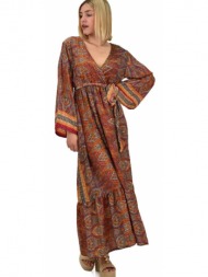 γυναικείο μεταξωτό boho φόρεμα με ζώνη κεραμιδί 20500