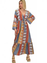 γυναικείο μεταξωτό boho φόρεμα με ζώνη μπλε 20515